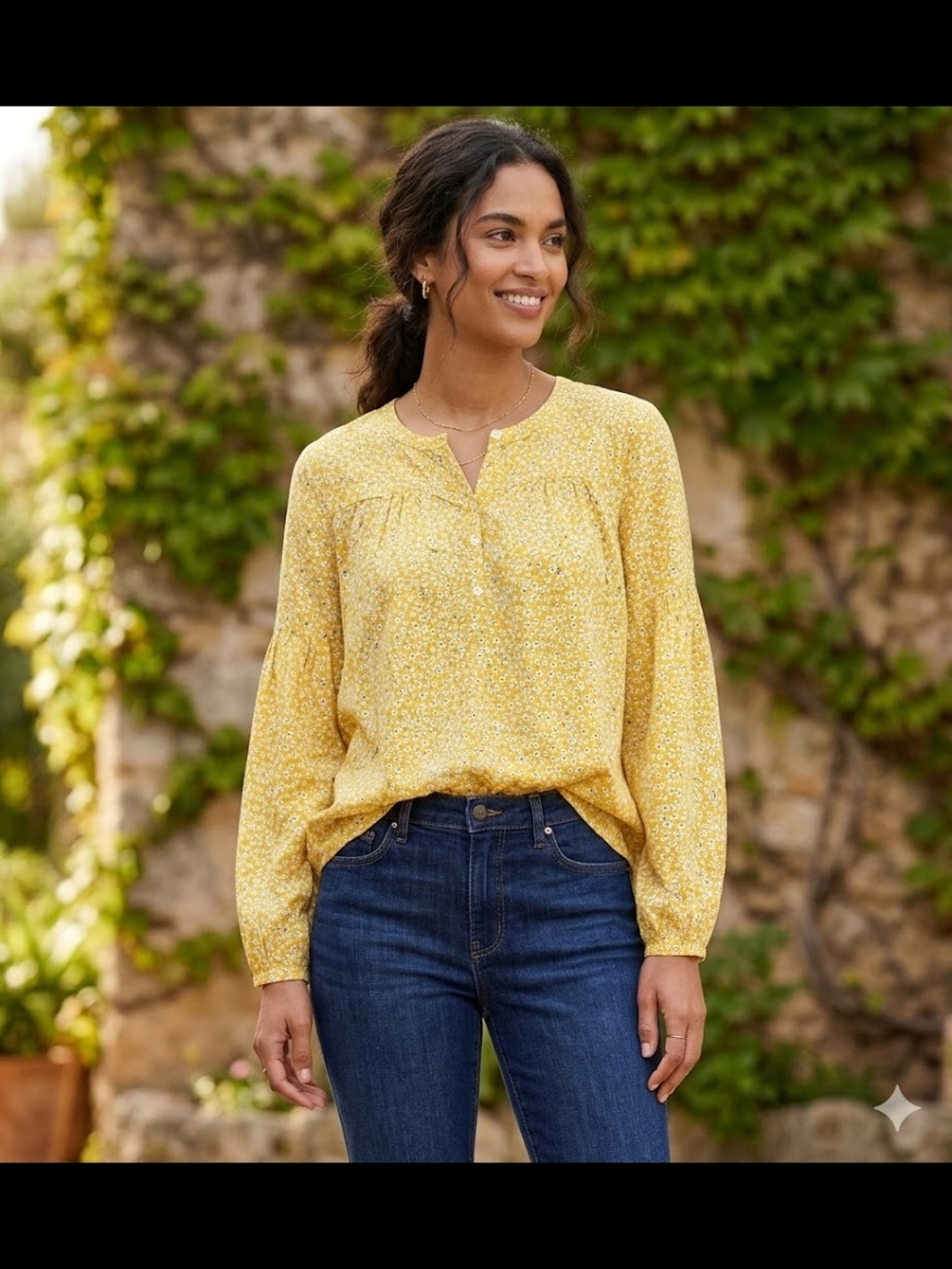 GAP Yellow Floral Peasant Henley Blouse